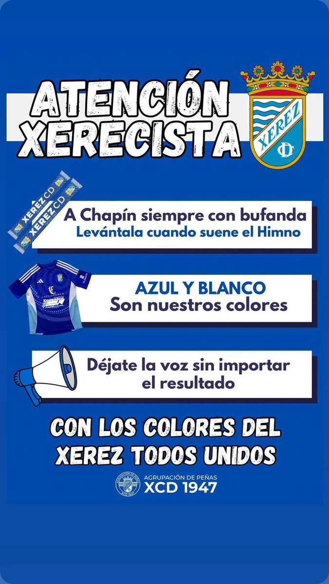 La <a href="/apxcd1947/">Agrupación de Peñas XCD 1947</a> hace un llamamiento al #Xerecismo para que mañana #Chapin sea una caldera
#ConLosColoresDelXerezTodosUnidos #XerezMelilla