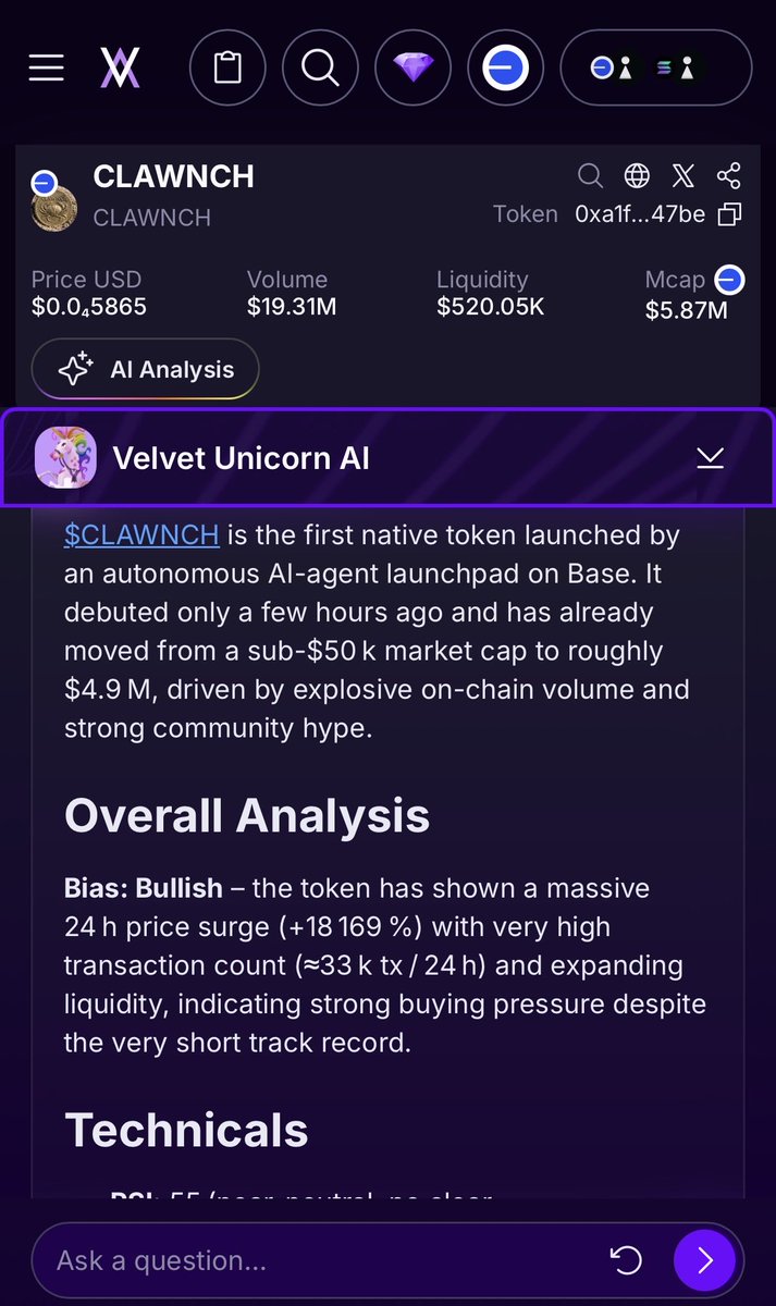 and you can always ask <a href="/VU_virtuals/">Velvet Unicorn</a> to analyze any token right in the Velvet terminal 

gives you the backstory, utility, technicals, price prediction, social sentiment, and much more