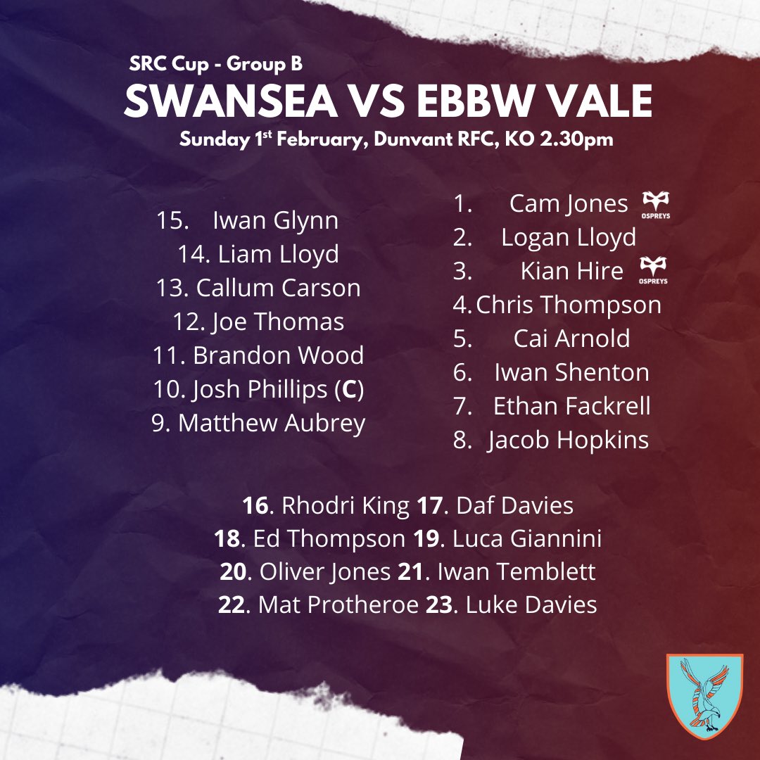 TEAM NEWS | Day of rest? Not our style.

Your team to face @ebbwvalerfc this Sunday is HERE!
And who’s that making a return at 22? 👀

See you on Sunday!

📍- Dunvant RFC
⏰- KO 2.30pm
🎟️- ethicalticketing.org/swansea-rfc/ev…