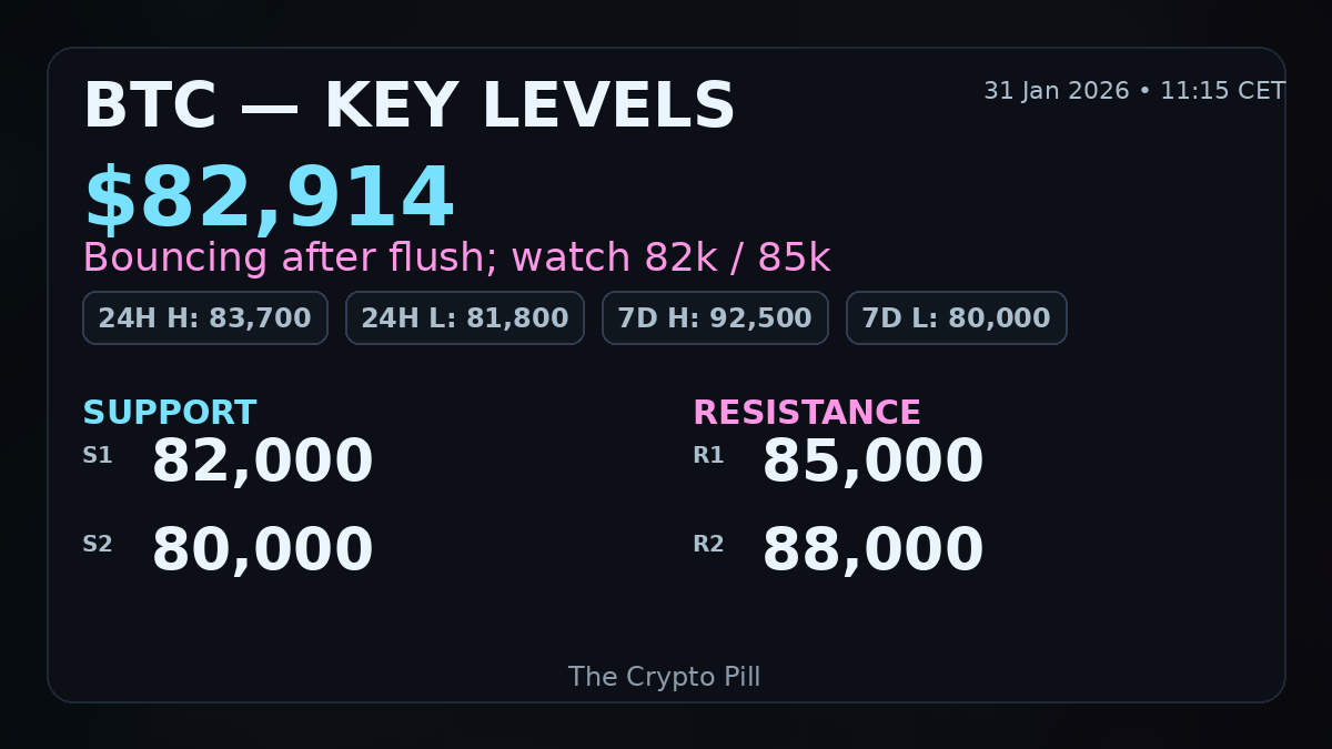 🚨BTC bouncing after a sharp flush, now ~82.91k (+0.92%). 
Levels → S: 82.0k / 80.0k - R: 85.0k / 88.0k.
24h 81.8k-83.7k;
7D 80.0k-92.5k.
BTC.D ~59.7% - still heavy; alt rotation needs a clear drop in dominance. 

Your plan? ⚡

⚠️ Not financial advice.

#Bitcoin #BTC
