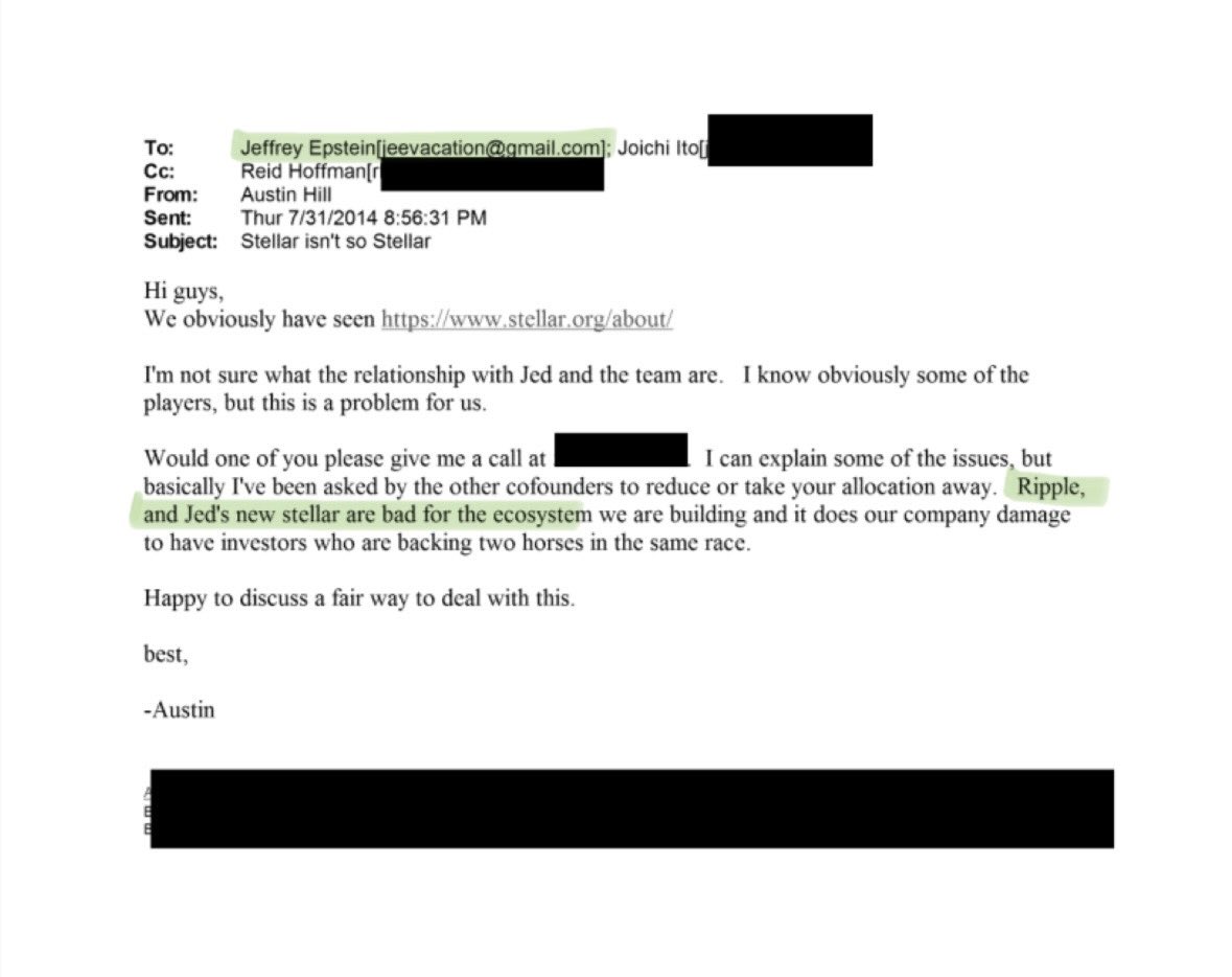 InvestWithD's tweet image. 🚨BREAKING: Epstein Emails Leak — “Ripple &amp;amp; Jed’s Stellar Are BAD for the Ecosystem” — Early Crypto Power Fight EXPOSED 👀🔥

Newly unsealed 2014 emails show blockchain entrepreneur Austin Hill privately warning Jeffrey Epstein and Joi Ito that backing both @Ripple and…