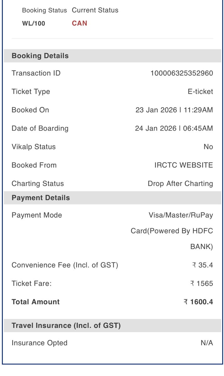 kumarpunit's tweet photo. आईआरसीटीसी से टिकट लिया ₹1600(SHC-NDLS).
टिकट वैटिंग रह गया, ऑटो कैंसिल हो गया.

टिकट=1600(1565+35).
@IRCTCofficial 100रुपये रखकर 1500 ख़ुशी ख़ुशी वापिस किया.

हींग लगे न फिटकिरी रंग चोखो होय.
बिना सेवा के पैसेंजर ने राष्ट्रयज्ञ में सौ रुपए की महत्वपूर्ण आहुती।

@RailMinIndia https://t.co/YYxOsr0k1a