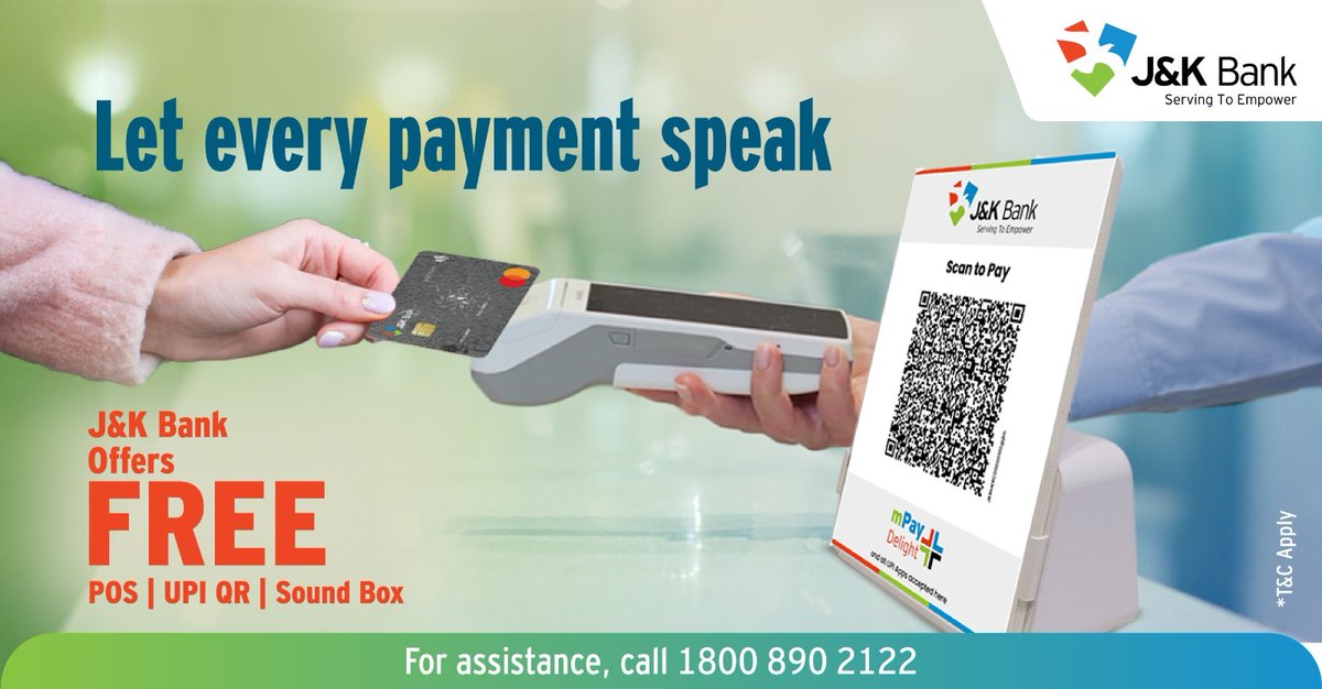 JandKBank's tweet photo. Turn every transaction into confidence.
With FREE POS, UPI QR and Sound Box from J&K Bank, accept payments faster, hear instant confirmations and manage collections seamlessly.
Power up your sales with smart digital tools.
#JKBank #YourBankSince1938 #POS #SoundBox #DigitalTools #UPIQR #UPI #QR