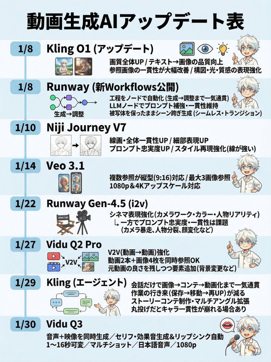 genel_ai's tweet photo. 2026年1月
主要動画生成AI アップデート一覧📅

「何が進化したか」＋「使ってみた体感」
をまとめます👇🏻

━━━━━━━━━━

① Kling O1（1/8）@Kling_ai
いわゆる「全体の底上げ」が来たアップデート。
テキスト→画像の出力が安定して、参照画像を使ったときの一貫性が明確に良くなった印象です💡
構図・光・質感も出しやすくなっていて、「狙った画を作る」用途が前よりラクに◎

② RunwayのWorkflows（1/8）@runwayml
画質アップというより「制作体験」みたいなアップデート。
プロンプト→生成→調整みたいな工程をノードで繋いで流れ作業化できるので、複数カットを作るときに強いです！

③ Niji Journey V7（1/10）@nijijourney
線画と全体の一貫性、細部、プロンプト忠実性が上がっていて、体感としては「線が潰れにくい」「情報量が多くても破綻しにくい」感じ！
漫画・手描き風・線画ベースみたいな『線で魅せる系』は、狙いの調整が前より楽になってかなり使えそうです👏🏻

④ Veo 3.1（1/14）
複数参照が縦型9:16に対応、最大3枚参照＋1080p/4Kアップスケール対応。
使用感としては、クローズアップや少ない参照で構図バリエを作るのに便利です！
ただし参照の一貫性は「かなり良い」まではまだいかず、完璧を期待するとズレることがある印象…👀

⑤ Runway Gen-4.5 i2v（1/22）@runwayml
「シネマっぽさ」が一段強くなったアップデート。
カメラワーク、カラーグレーディング、人物のリアリティなど、エモさ・壮大さの出しやすさが頭一つ抜ける感じがあります！
一方で使用感としては、プロンプト忠実度や一貫性に若干クセがあるような感じがします🤔

⑥ Vidu Q2 Pro（1/27）@vidujapan 
V2V（動画→動画）という動画編集が本格的に便利に。
動画2本＋画像4枚を同時に参照できるので、「この動きは残して背景だけ変える」みたいな編集的な使い方がしやすいです◎
体感としては、元動画の「良かった部分」を残しながら新要素を足せるので、シリーズ物や連続シーンに向いてます✨

⑦ Klingのエージェント（1/29）@Kling_ai 
会話だけで画像→コンテ→動画化まで進められて、「保存して別ページ行って再アップロード…」みたいな地味ストレスが減るのが大きいです！
ただ使用感の注意点として、画像生成を丸投げするとキャラの一貫性が崩れることがあります👀
キャラは自分で「基準になる素材」を生成して、エージェントには展開を任せる、みたいな使い分けが良さそうです👍🏻

⑧ Vidu Q3（1/30）@vidujapan
音声と映像を同時生成できるように✨
セリフや効果音、BGMを生成して、口の動きも自動で合わせてくれます！
1〜16秒の長さ調整、マルチショット、自然な日本語音声まで揃っていて、使用感としてはかなりいいです😆
1回の生成で完成品に近いところまで行けるのが強みだと思います！

━━━━━━━━━━

2026年はエージェント系・ワークフローなどが大きく進化する年になりそうですね！

今後も「AI動画生成の今」をキャッチアップ＆シェアしていきます🫡