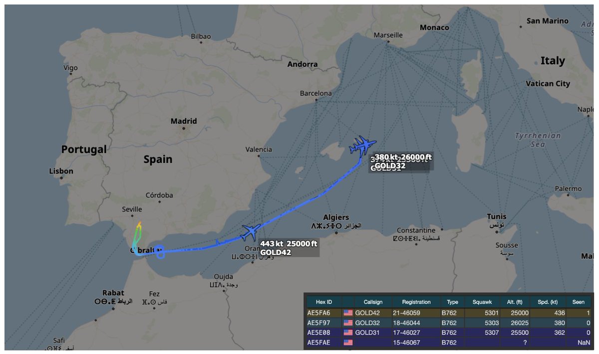 ArmchairAdml's tweet photo. #USAF United States Air Force - Middle East Activity (CORONET)
31 January 2026 - 1020z

Coronet East 037
Six E/A-18G Growler's have departed eastwards this morning from Naval Station Rota as TABOR 51 and TABOR 61 flights, supported by tankers GOLD 31/32 and GOLD 41/42. 

Boeing KC-46 Pegasus 4x
#AE5FA6 11-46059 - GOLD 42
#AE5FAE 15-46067 - GOLD 41 (?)
#AE5F97 18-46044 - GOLD 32
#AE5E08 17-46027 - GOLD 31

Boeing E/A-18G Growler 6x
TABOR 51-53 Flight 3x, supported by GOLD 31/32
TABOR 61-63 Flight 3x, supported by GOLD 41/42

All the tankers have filed round-trips from Moron Air Base, and so are expected to return. There hasn't been any movement yet on Coronet East 035, but there has been ACARS activity this morning from them.

Any additions or corrections please let me know. Thanks!

Photos: @havoc_aviation

@MATA_osint @DefenceGeek @sipjack1776 @TheIntelFrog @Andyyyyrrrr @vcdgf555 @sentdefender @Osinttechnical @FaytuksNetwork @Faytuks