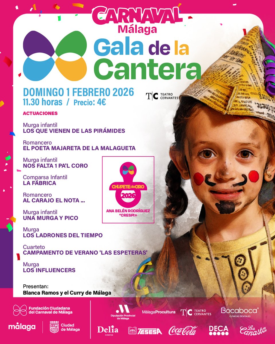 🎭Este domingo tienes una cita con la Gran Gala de la Cantera del #CarnavalMLG

ℹ️Actuaciones de las distintas murgas infantiles, cuartetos, romanceros y comparsas

🫶Durante el acto se entregará el Chupete de Oro a Ana Belén Rodríguez 'Crespi' <a href="/lamurguitamlg/">La Murguita</a> 

🗓️Desde las 11:30