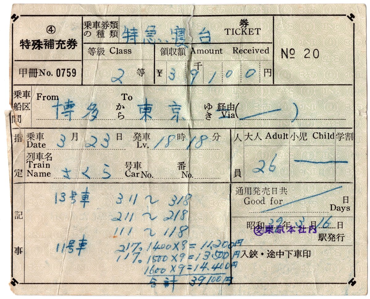 寝台特急さくら B寝台ソロ特急券(使用済み) 寝台特急さくら B寝台ソロ