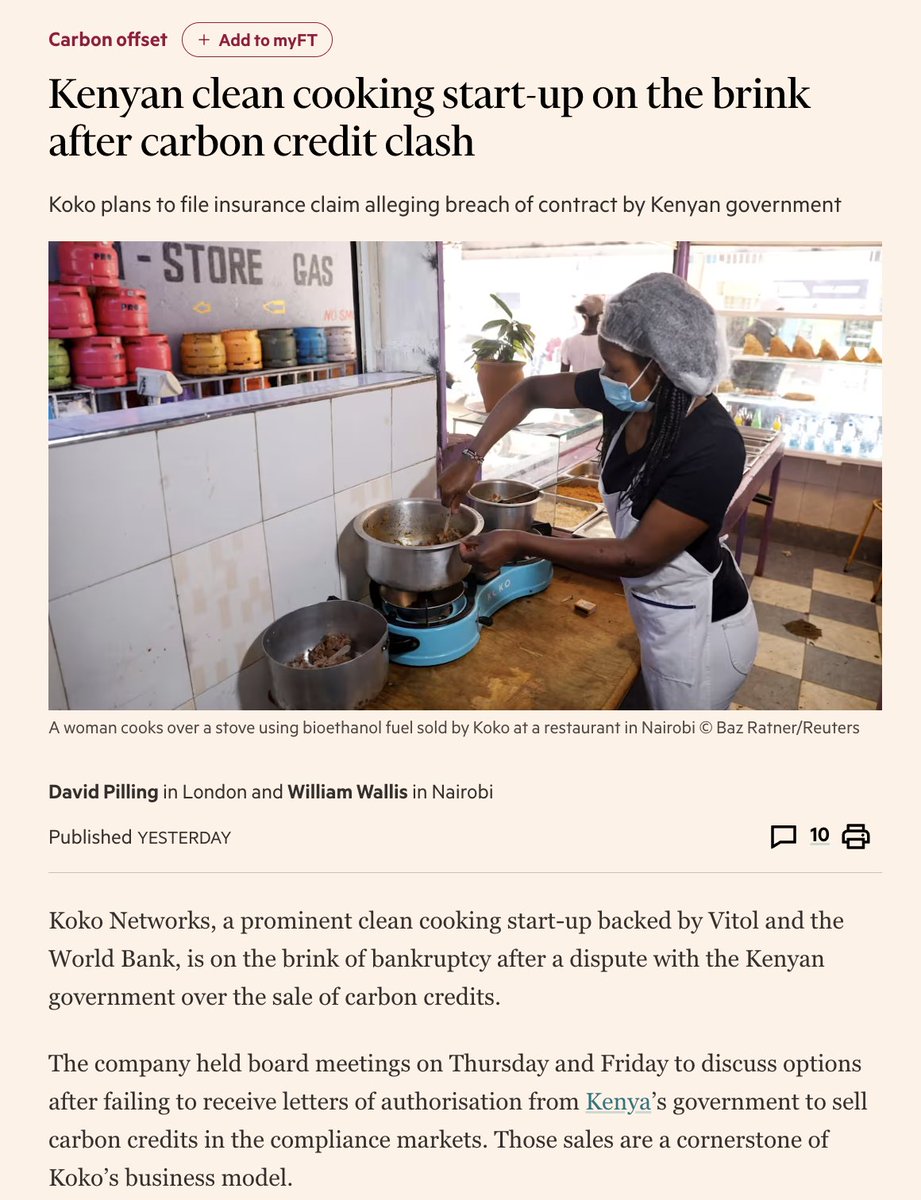 MwangoCapital's tweet photo. Koko Networks is on the brink of collapse after the Kenyan government failed to issue authorisations needed to sell carbon credits, a core pillar of its business model, putting 700 jobs and a $300M investment at risk.

—The FT says the company might file a $179.6M insurance claim with the World Bank’s MIGA, alleging breach of contract, under the world’s first carbon-linked political risk cover.

—The model relies on selling compliance carbon credits generated from switching households from charcoal to bioethanol, with credits certified under internationally recognised standards.