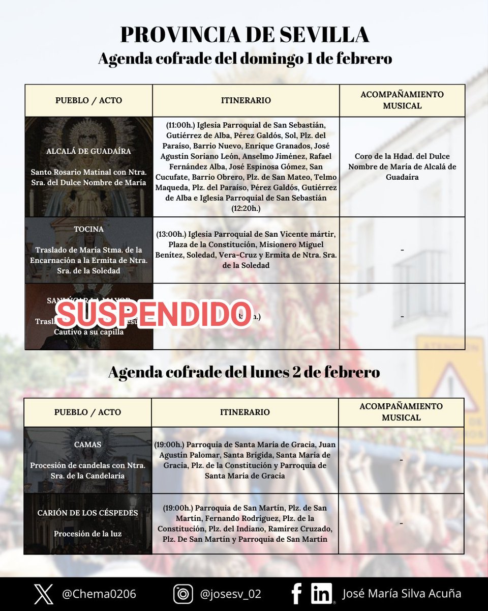 📆 Actualizamos agenda cofrade del sábado 31 de enero y domingo 1 y lunes 2 de febrero.

ℹ️ Añadimos Paradas y eliminamos Sanlúcar la Mayor, suspendido por los pronósticos meteorológicos.

#TDSCofrade