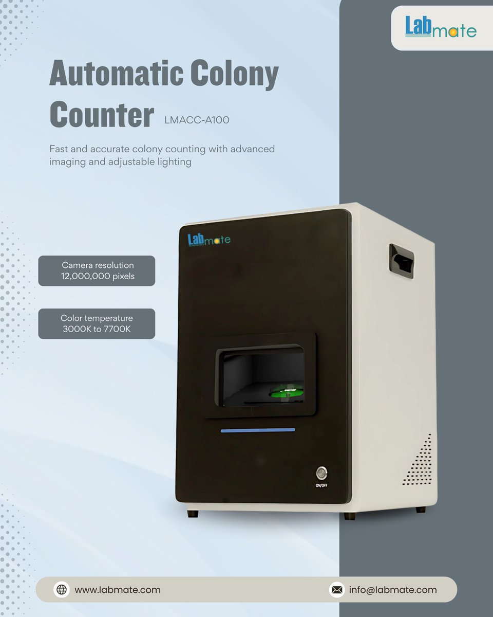 labmateINC's tweet image. Automatic Colony Counter LMACC-A100 counts 1000 colonies in under a second, providing high-resolution imaging for accurate colony detection. 

info@labmate.com

Learn More: labmate.com/automatic-colo…

#Labmate #ColonyCounter #AutomaticColonyCounter #AutomaticCounter #ColonyCounting
