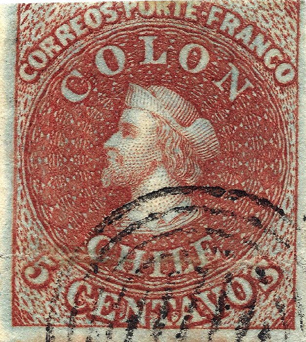FIRST ISSUE of the Day: Chile Sc/SG #1 issued 1st July 1853. The first 2 stamps were printed in London and Perkins Bacon. The same decoration around the central image was used for the first issues of New Zealand and South Australia two years later. #philately