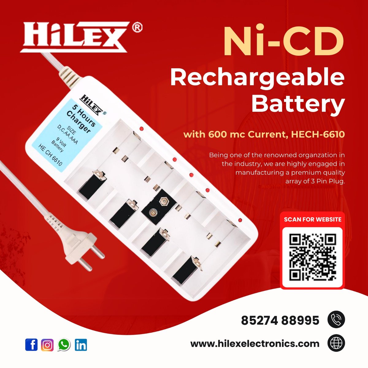 Elect85071Hilex's tweet image. 🔋⚡ HiLEX Ni-CD Rechargeable Battery Charger ⚡🔋

📞 Contact Us: 85274 88995
🌐 Website: hilexelectronics.com
📲 Scan the QR code to explore more products.

#HiLEX #NiCDCharger #RechargeableBattery #BatteryCharger #ElectronicsIndia #PowerSolutions #ReliableCharging