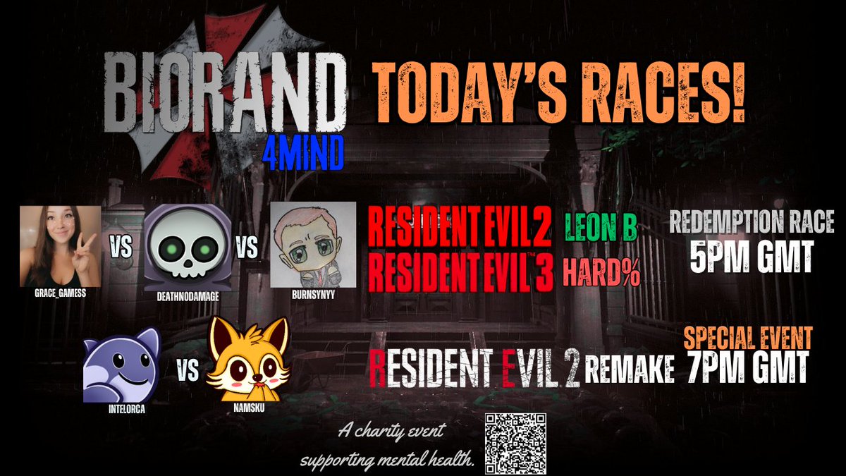 Two incredible races lined up today - we wrap up Round 4 in style!

🔴 Grace_Gamess v <a href="/DeathNoDamage/">DeathNoDamage</a> v <a href="/realBurnsyNYY/">BurnsyNYY</a> 
Redemption Race - RE2 Leon B x RE3
5pm GMT

🔴 <a href="/intelorca/">IntelOrca</a> v Namsku - Special Event Race
Showcasing BioRand RE2 Remake!!
7pm GMT