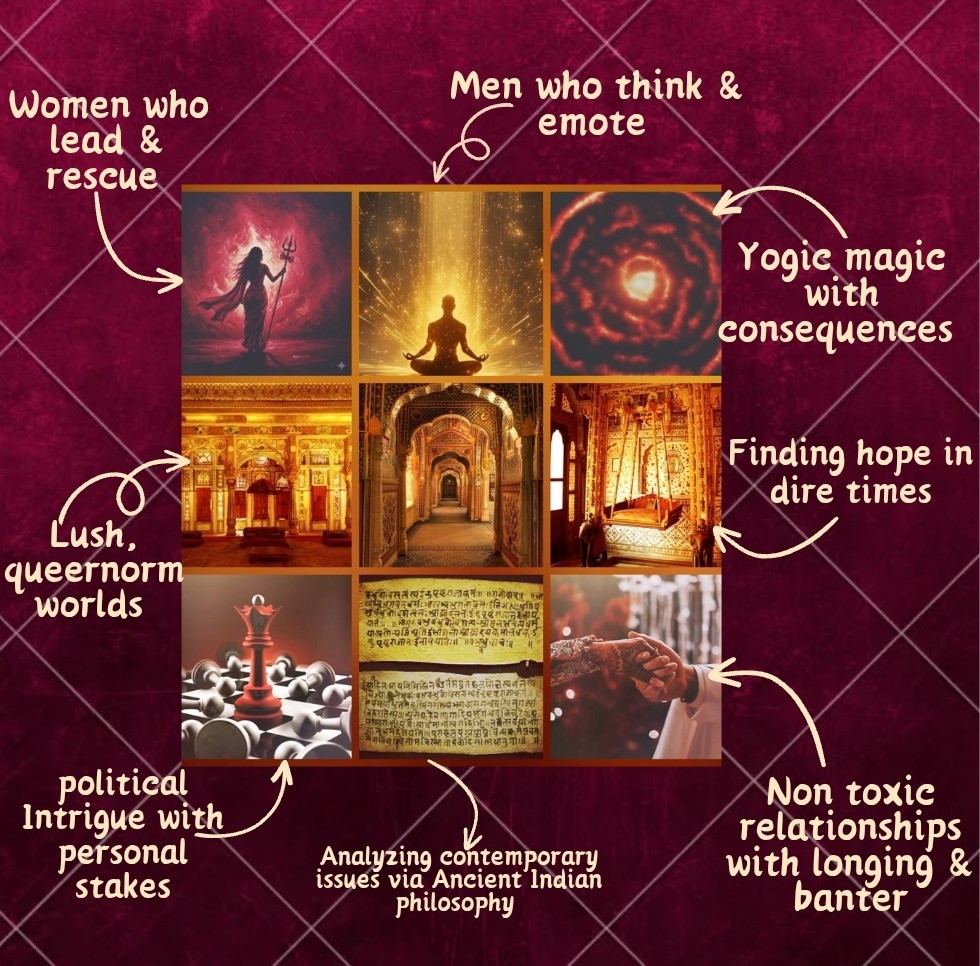 iamAshArya's tweet image. This #questpit I want to talk about elements common to my #A #PoC #F books

💖Non-toxic love with conflict &amp;amp; yearning
👸Women who Lead &amp;amp; Rescue
♂️MMCs secure in their cinnamon roll persona
♟️Political Intrigue
🌈Queernorm worlds
🧘‍♀️Magic w/ Consequences 
⚔️Found fam &amp;amp; f**ed up fam