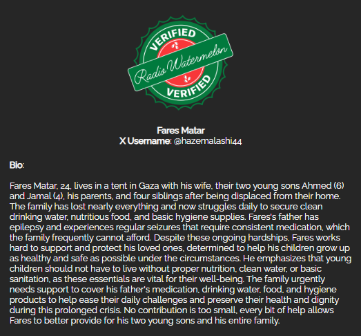 RadioWatermelon's tweet image. Fares Matar's Family
#VerifiedByRadioWatermelon
🖇️: chuffed.org/project/156751…
Please donate and share
Be the reason a Palestinian family eats today