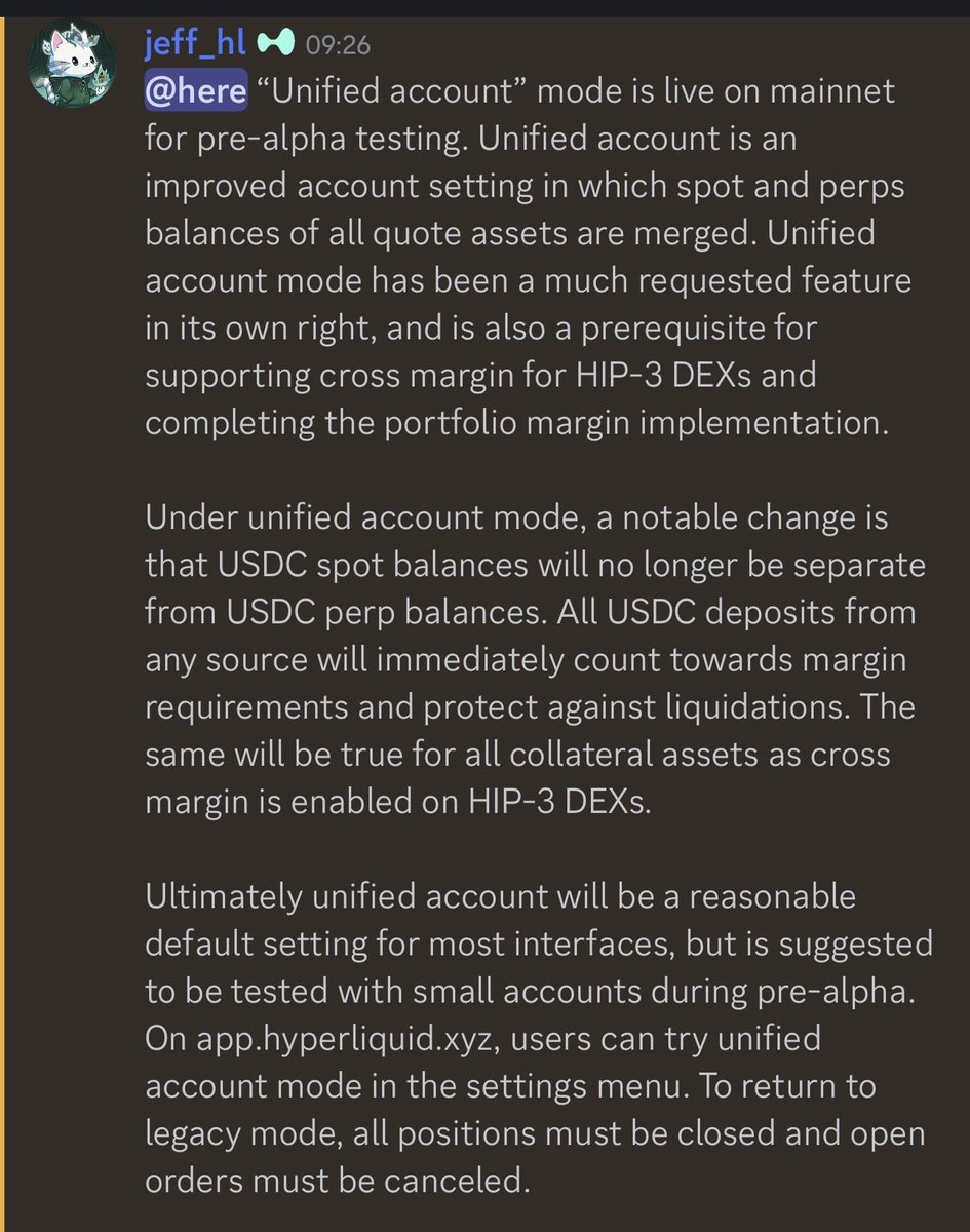 Make sure to try the new Unified account feature on Hyperliquid 

Top right settings buttons -> Untick ‘Disable Unified Account Mode’ 

This feature is automatically activated if you are using Portfolio Margin 

As usual, I cannot stress enough that you must try every new feature