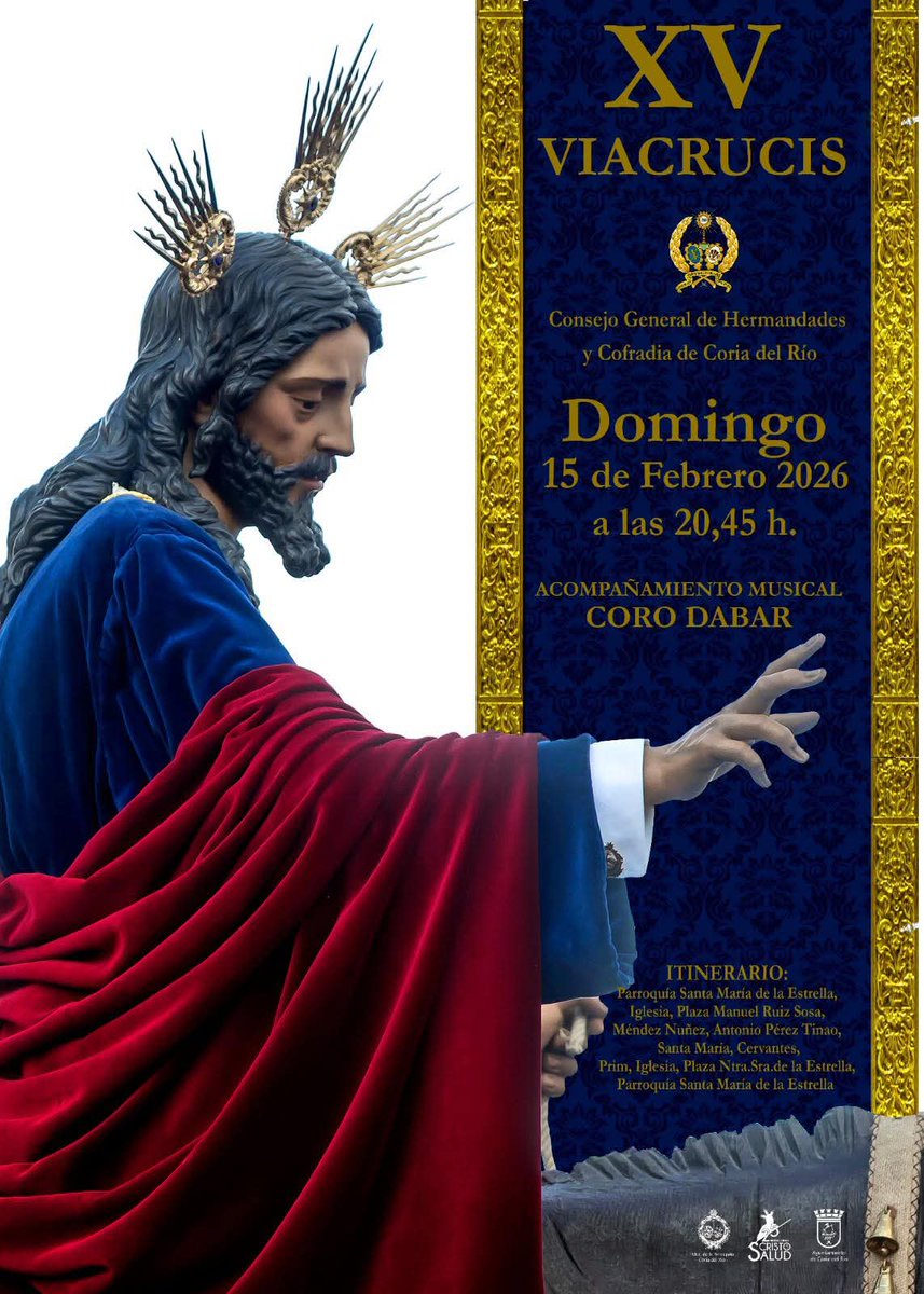 🔴🟢 ACTUALIDAD | XV Vía Crucis del Consejo
Presentado el cartel oficial del XV Vía Crucis del Consejo General de Hermandades y Cofradías de #CoriaDelRío, que se celebrará el 15 de febrero de 2026 a las 20:45 h, con el acompañamiento del Coro Dabar.
