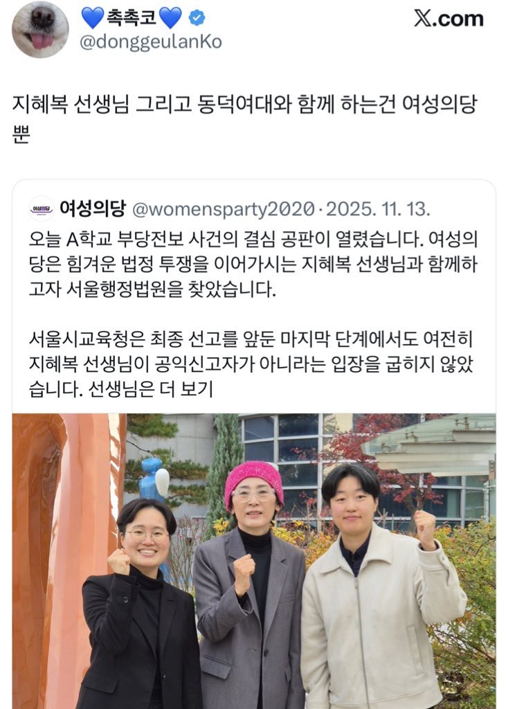 사진만 찍는다고 욕하는 이유가 
여성의당이 사진찍어서 SNS에 올릴 때마다
그쪽 지지자들이 여성의당이 다했다, 다른 정당이나 단체들은 관심없다 지속적으로 거짓말해서라고요
지혜복 동지와 농성장 지키던 사람들 입장에선 어이가 없죠
공대위 누구도 우리가 다했다 한적없는데 여성의당만 그럼