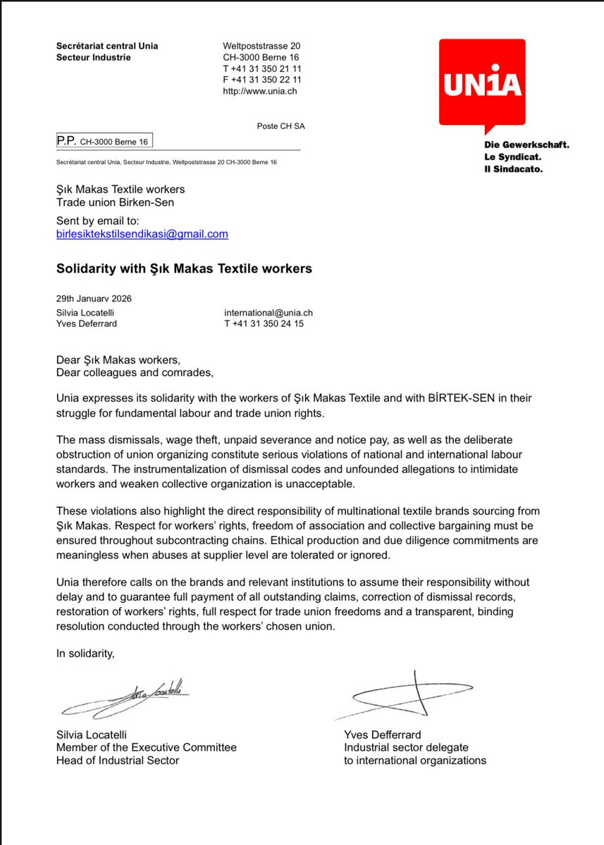 ✊🏾ULUSLARARASI DAYANIŞMAMIZ BÜYÜYOR

İsviçre’nin özel sektörde örgütlenen en büyük sendikası UNİA Şık Makas işçilerinin haklı mücadelesini desteklediğini açıklayan bir mektup yayınladı.

4 aydır devam eden direnişimizin sesini büyüten ve dayanışma gösteren uluslararası