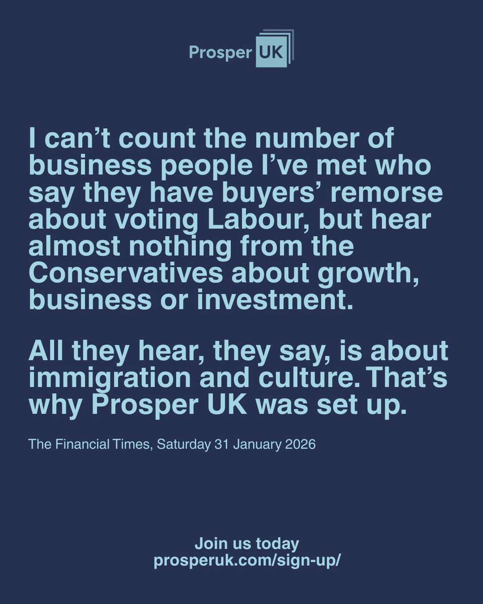 Prosper_UK_'s tweet photo. Too many businesses say the political debate has drifted away from growth, investment and jobs.

Prosper UK exists to bring the focus back to what actually makes the country better off: a serious, pro-growth economic agenda.

Join us today https://t.co/AWO3MqnxMQ https://t.co/QjVSCeay2k