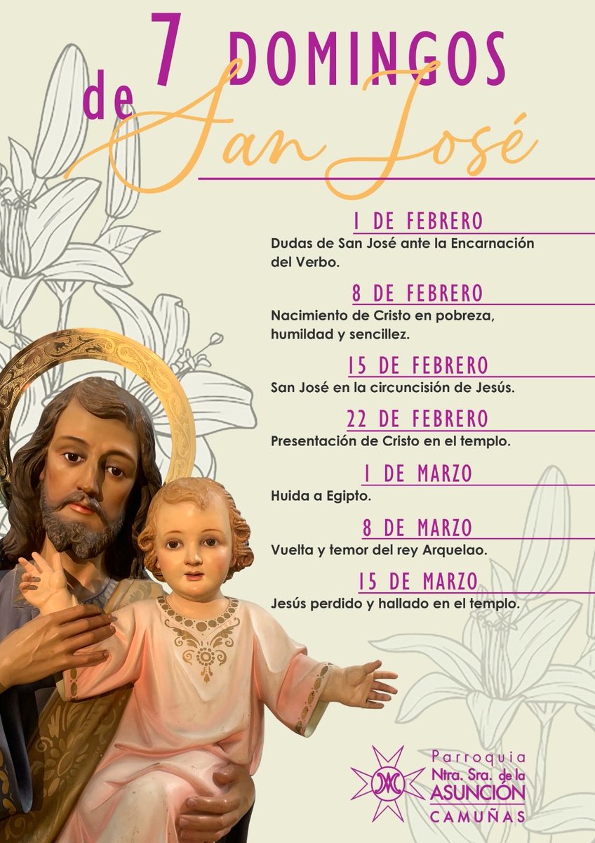 Esta tarde comenzamos los Siete Domingos de San José. 
Cada domingo los haremos en las tres Misas del fin de semana (sábado tarde, domingo 10 y domingo 12).