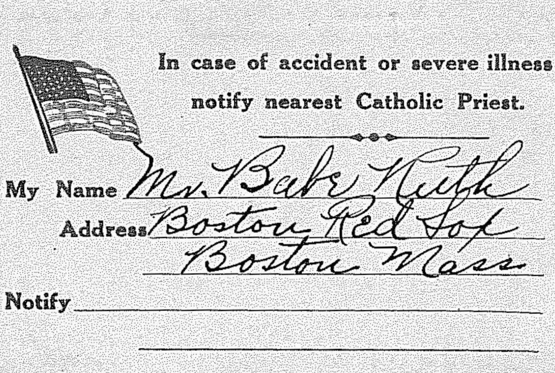 Catholic wallet card carried by baseball legend Babe Ruth while with the Boston Red Sox, 1914-1918.