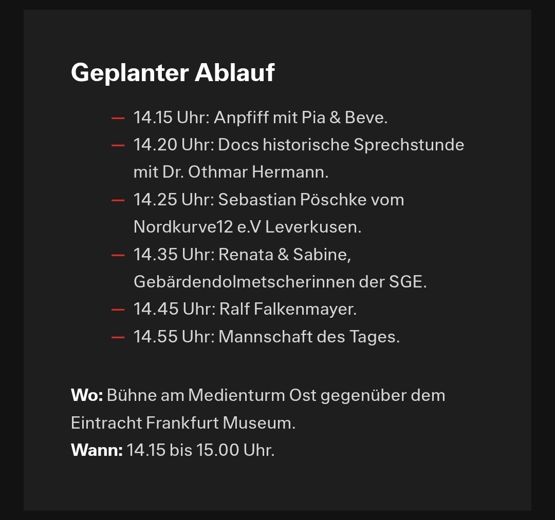 Ich freue mich heute, vor dem Spiel von <a href="/Eintracht/">Eintracht Frankfurt</a> Frankfurt gegen <a href="/bayer04fussball/">Bayer 04 Leverkusen</a>, bei Pia und Beve Gast auf der #Waldtribüne sein zu dürfen. 

#SGEB04 #Eintracht #Frankfurt #SGE #Werkself #BayerLeverkusen #Waldstadion #Bundesliga