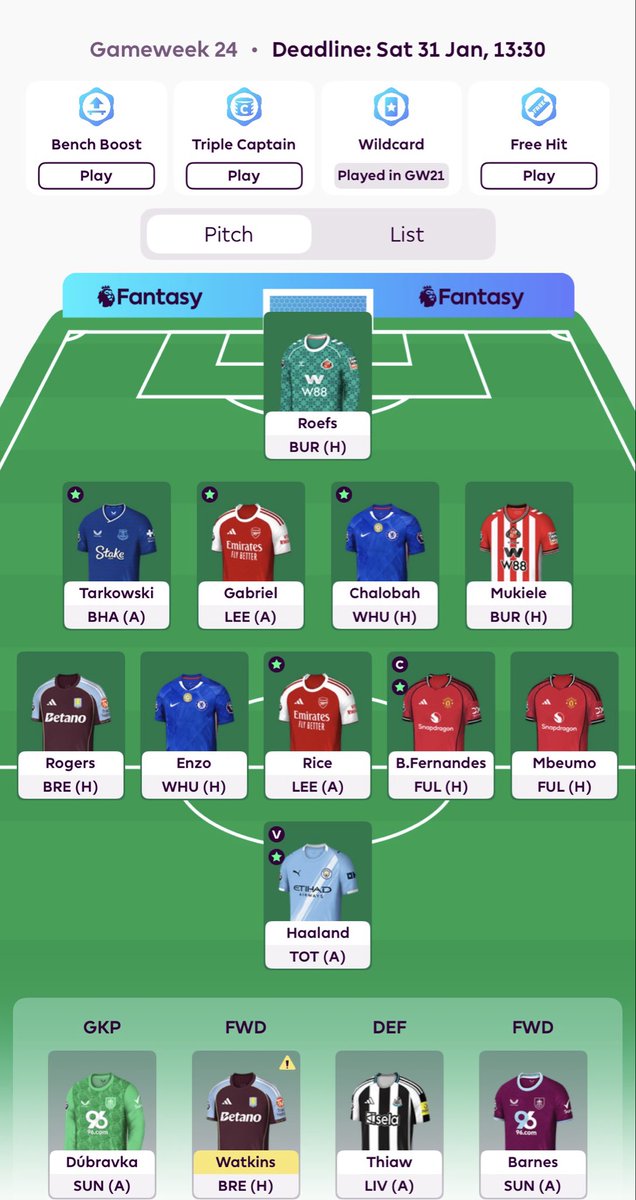 CFCDabbsy's tweet photo. How my FPL GW24 team is currently looking:

One dilemma - Do I start Watkins over Mukiele and hope he plays?

#FPL #FPLCommunity https://t.co/W6S18Im9eG