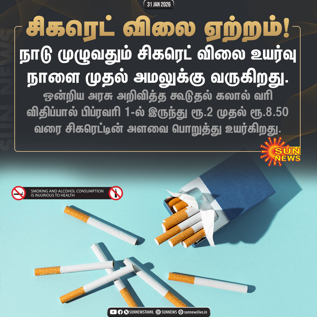 sunnewstamil's tweet image. #NewsUpdate | சிகரெட் விலை உயர்வு நாளை முதல் அமல்!

#SunNews | #Cigarette | #ExciseDuty