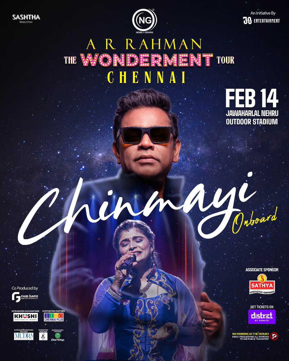 Chinmayi's tweet photo. Happy to share I will be part of the A R Rahman Wonderment Tour Concert in Chennai. 

Feb 14, 2026! https://t.co/wjrhpKxXq2