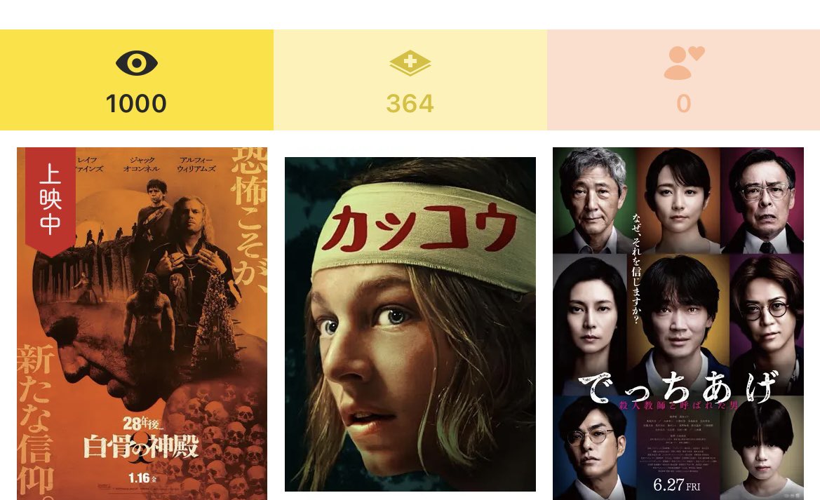 storm_maruyama's tweet photo. フィルマークス記念すべき1000本目
これは映画好き名乗っていいでしょう🎬
#28年後白骨の神殿 https://t.co/oVsRX7BqyX