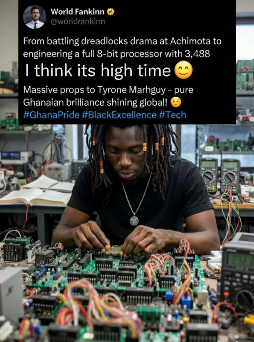 They denied him entry over his dreadlocks.
So he built an 8-bit processor from scratch in his dorm.
3,488 transistors. 250 hours. No lab. No experience.
Tyrone Marhguy fought the system, won in court, got a full ride to UPenn, and showed them genius has no dress code.