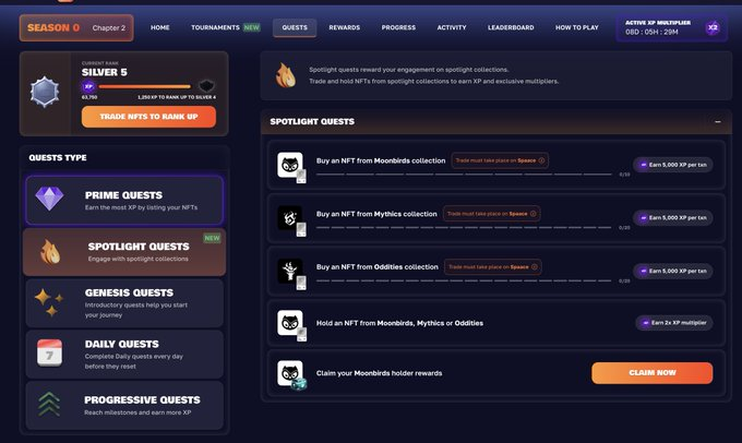 Trathoa's tweet photo. https://t.co/FyqM3DV3rp is getting serious traction in jan 2026, mainly from moonbirds integration + smart gamification.

the core alpha is xp stacking: one moonbirds trade = progress on prime quests, daily quests, progressive quests, tournaments, ambassador leaderboard. one action, multiple rewards. time roi is high. grinders love this.

moonbirds is the liquidity hub on spaace right now. oddities + mythic birbs follow. holders get better chests, xp multipliers, reward boosts. birb token launch + long vesting + ceo backing adds real alignment. not just hype.

rewards are structured, not fake points. 100% fees to stakers + cashback. xp = future $spaace allocation. ambassador pool already live. tge narrative is clear. that’s why people are shilling hard.

momentum feels real. leaderboards move daily. volume is visible. ambassadors posting long bullish threads. despite nft market being weak, spaace feels alive.

sentiment is heavily bullish inside the ecosystem. consistent shill for weeks, not 2-day pump. very few bearish takes. many compare it to blur season 1, but more optimized and long-term.

if you’re farming nft xp and into moonbirds/birb, @spaace_io is one of the strongest setups early 2026. still grindy, still risky, but incentives + alignment + liquidity are there. early players are eating well.
https://t.co/ZfKigP2EDo