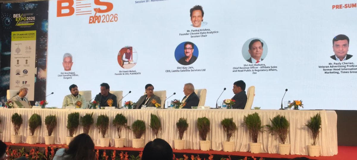 lamhassatellite's tweet photo. An engaging session on “Monetization Models in a Multi-Platform World” concluded successfully at BES Expo 2026.
Mr. Ajay Jain, CEO – Lamhas Satellite Services Ltd., shared insights on subscription, advertising &amp; hybrid models shaping the future of media.#BES2026 #BESEXPO2026 https://t.co/kdwrfyUeKC