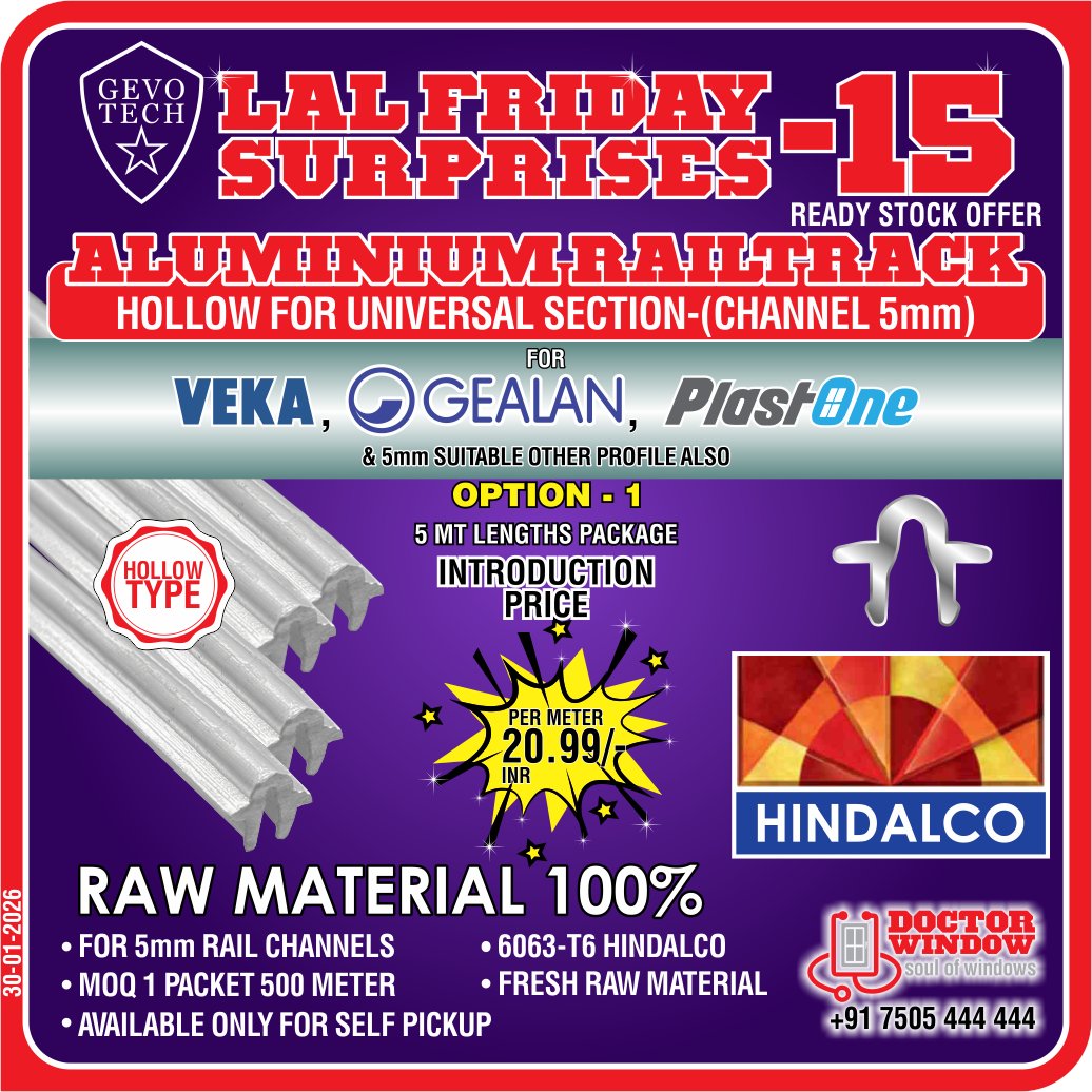 DOCTORWINDOW_IN's tweet image. GEVO TECH ALUMINIUM RAILTRACK HOLLOW FOR UNIVERSAL SECTION- (CHANNEL 5mm)

#aluminiumrailtrack #railtrack #aluminiumproducts #doctorwindow #soulofwindows #hardware #besthardware #hardwareaccessories #door #window