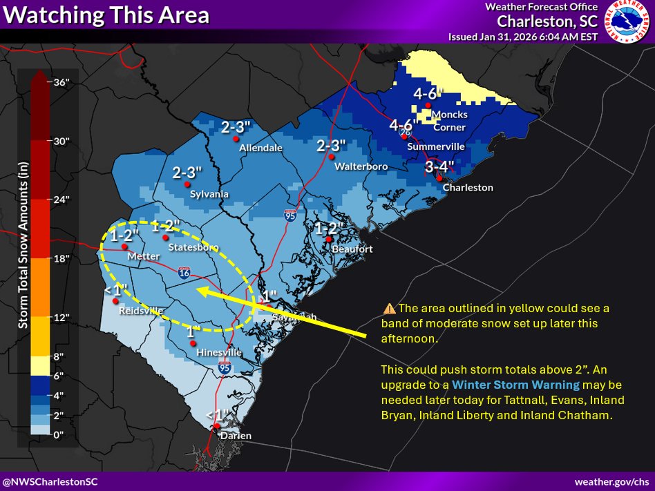 NWSCharlestonSC's tweet photo. We are monitoring the area from roughly Metter to Savannah for a possible band of moderate snow setting up late this afternoon. This could push snow totals above 2". An upgrade to a Winter Storm Warning may be needed Tattnall to Chatham Counties later this morning. #gawx #savwx https://t.co/NGHPfUL7LY