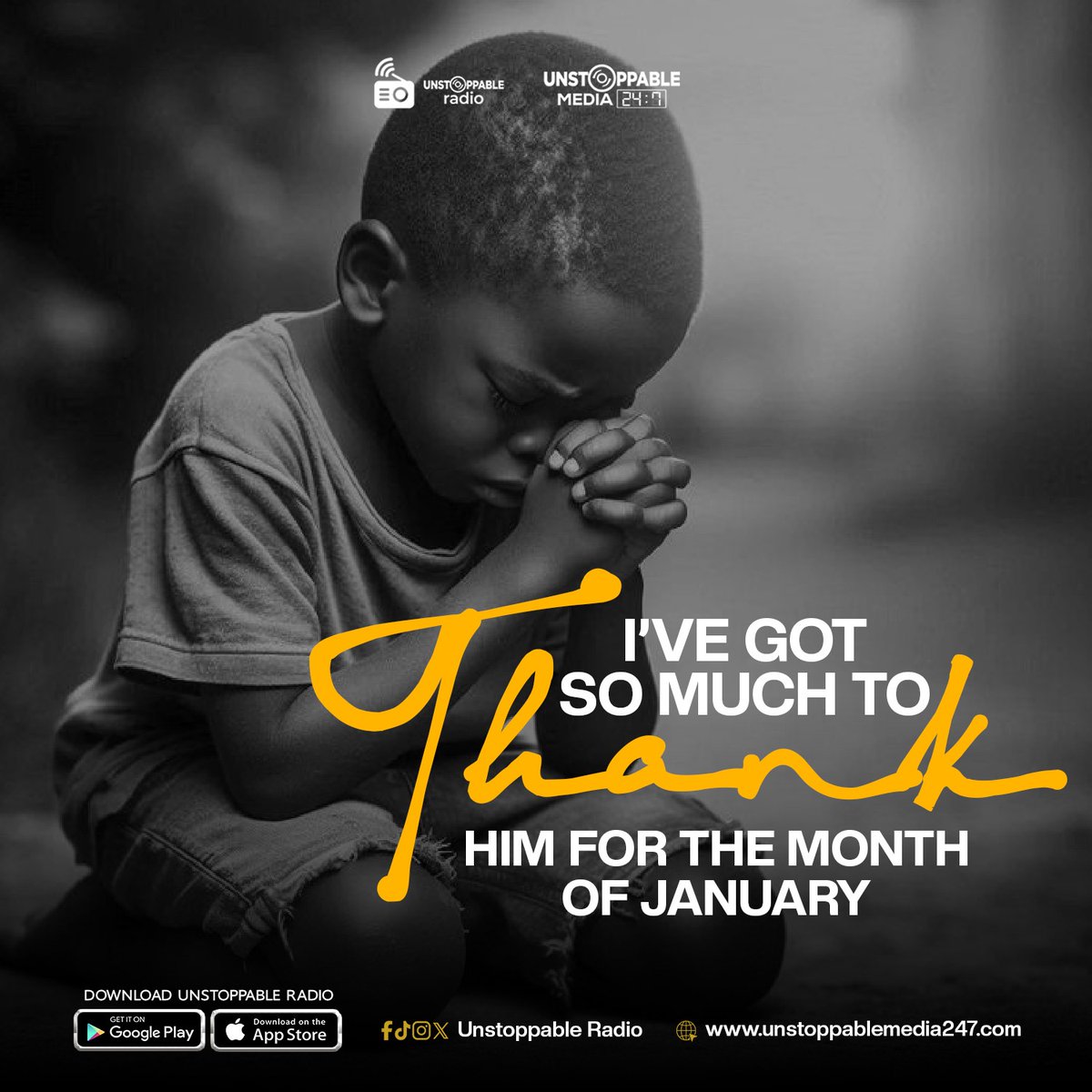 unstopradio247's tweet image. January has come to an end. What are you grateful for?

Stay connected and stay inspired. ✨
Follow us across all our social media platforms for gospel content and updates. Visit unstoppablemedia247.com to stream more inspiring gospel content.
#thanksgiving #unstoppableradio247