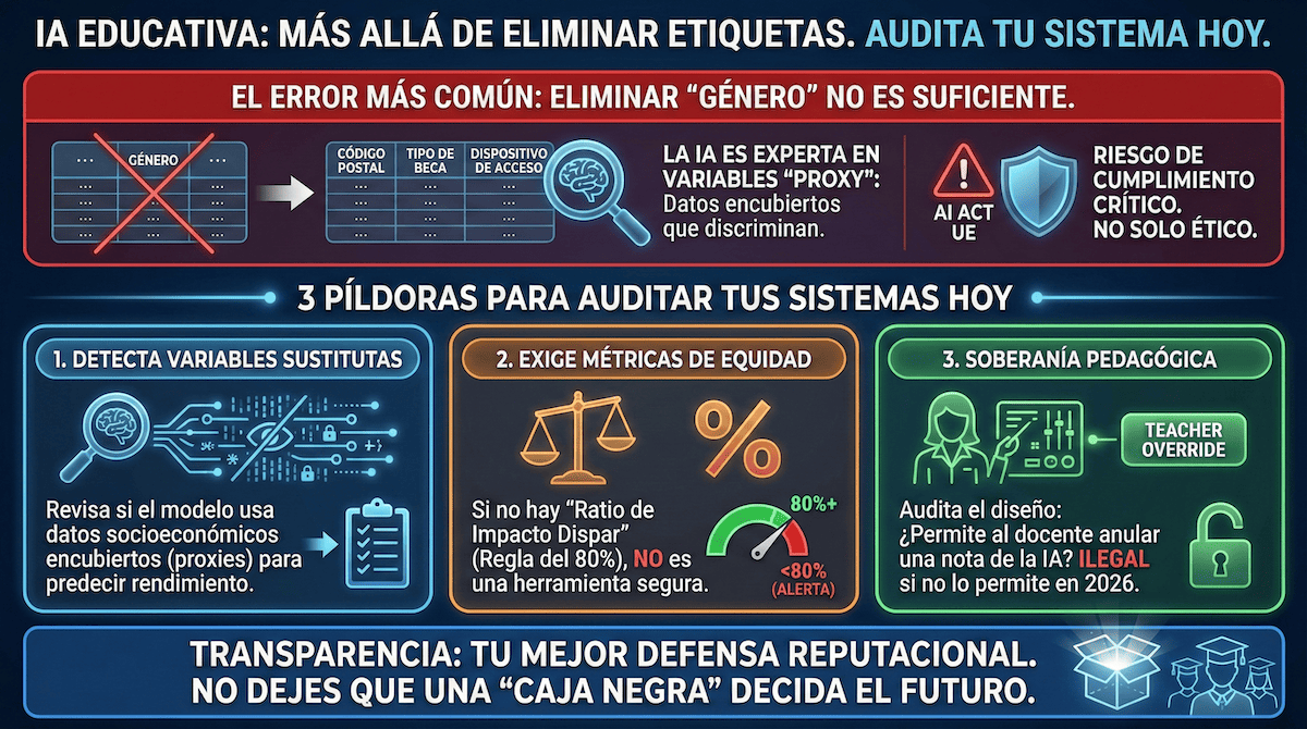 jeguemac's tweet photo. 2/ Para pasar de la caja negra a la equidad real:
Caza variables proxy (como el código postal).
Exige el Ratio de Impacto Dispar a tu proveedor.
Garantiza el "Teacher Override".
Manual avanzado para directivos EdTech: https://t.co/sl5Zl7uKkX https://t.co/hksYffbnk2