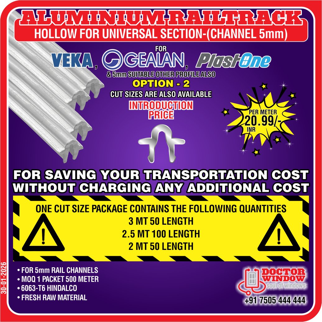DOCTORWINDOW_IN's tweet image. GEVO TECH ALUMINIUM RAILTRACK HOLLOW FOR UNIVERSAL SECTION- (CHANNEL 5mm)

#aluminiumrailtrack #railtrack #aluminiumproducts #doctorwindow #soulofwindows #hardware #besthardware #hardwareaccessories #door #window