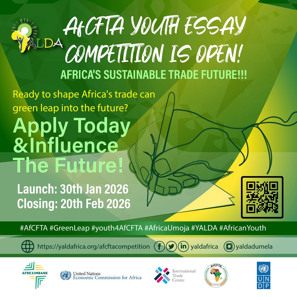 yaldafrica's tweet photo. Calling young African changemakers! 🌍
Share your vision for Green Trade under AfCFTA. Submit a blog or video pitch and have your voice heard by policymakers.

⏳ Deadline: 20 Feb 2026
🔗 Apply: https://t.co/jDmi6b9etY

#AfCFTA #YouthInTrade #GreenLeap #YALDA https://t.co/bxiM64OTgr