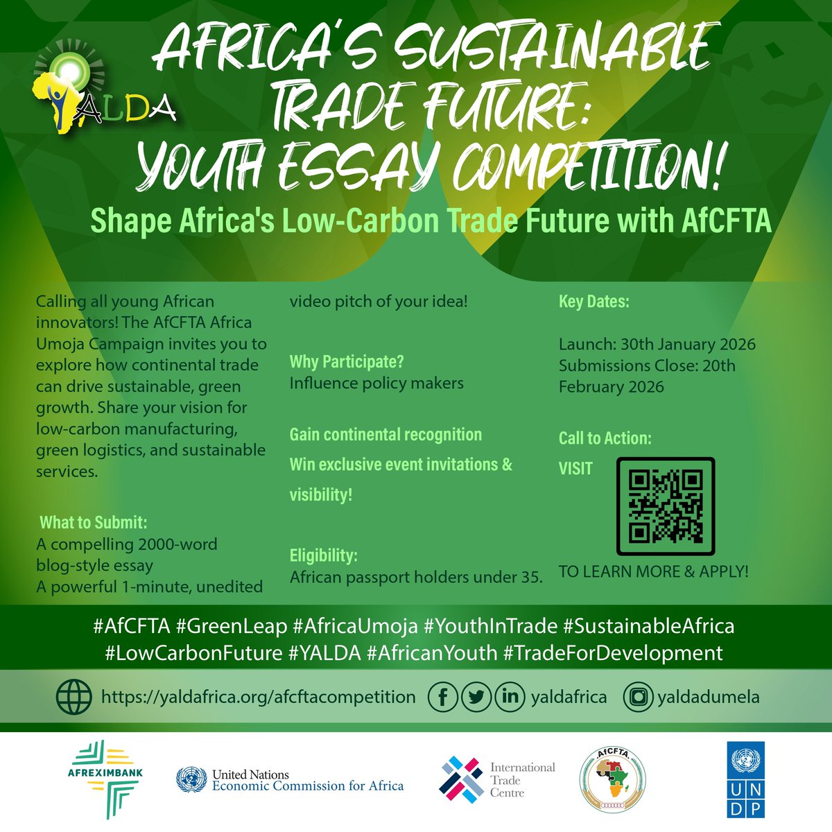 yaldafrica's tweet photo. Calling young African changemakers! 🌍
Share your vision for Green Trade under AfCFTA. Submit a blog or video pitch and have your voice heard by policymakers.

⏳ Deadline: 20 Feb 2026
🔗 Apply: https://t.co/jDmi6b9etY

#AfCFTA #YouthInTrade #GreenLeap #YALDA https://t.co/bxiM64OTgr