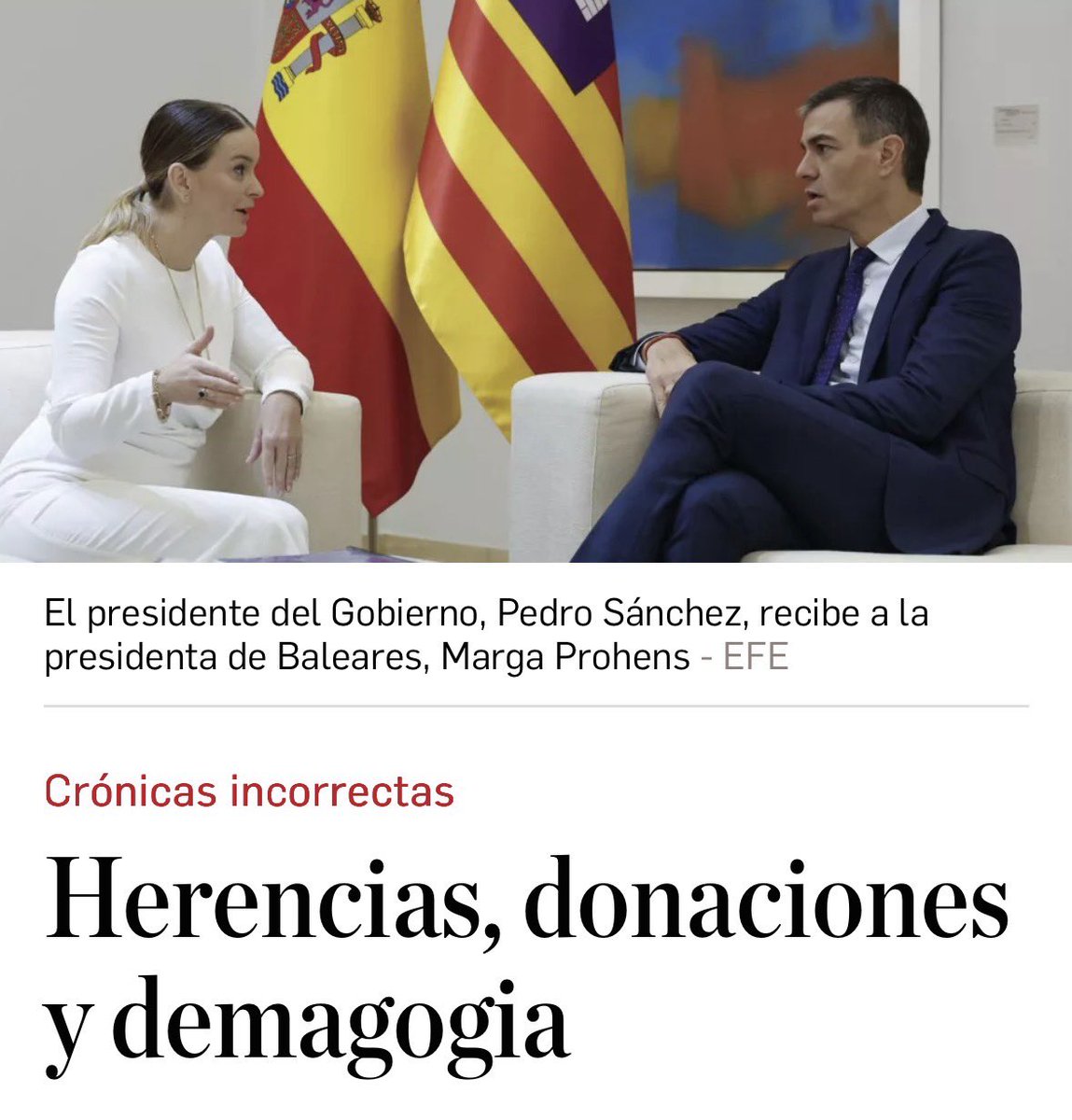 MargaProhens's tweet photo. Molt recomanable l’article del notari Álvaro Delgado a @eldebate_com sobre l’amenaça per a les famílies de les nostres illes que representa l’atac a l’autonomia fiscal de la proposta de nou model de finançament fe Sánchez.

Més de 25.000 famílies han deixat de pagar en dos anys l’Impost de Successions a les Illes i no podem permetre que mai més ningú el pagui.

Governen contra la gent d’aquí, contra els ciutadans de les Illes Balears.

🔗 https://t.co/KkoX75sEcB
