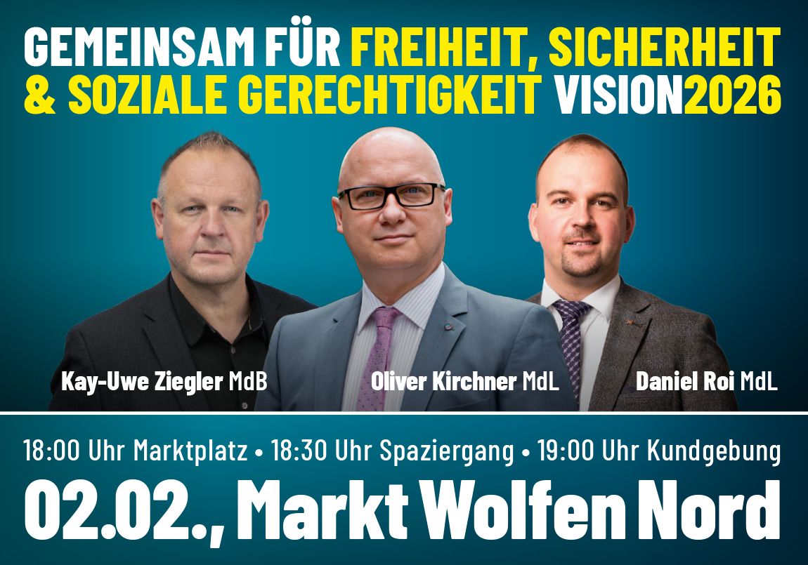 Wir sehen uns am Montag in #Wolfen-Nord!
Unser 1. Spaziergang in 2026 startet wieder in #Wolfen. Bis auf den Ort bleibt alles, wie gehabt. 18 Uhr Treffen auf dem Markt, 18:30 Uhr gemeinsamer Spaziergang mit anschließender Kundgebung. 
WIR sehen uns!
Teilen erwünscht!!
#NurNochAfD