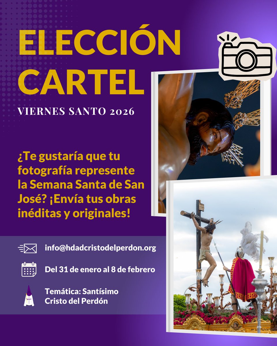 📣 ¿Te gustaría que una fotografía tuya ilustrase el cartel del Viernes Santo 2026?

📆 Abierto el plazo de presentación para su elección hasta al 8 de febrero.
📧 Envía tus obras originales e inéditas a info@hdadcristodelperdon.org
✝️ Temática: Santísimo Cristo del Perdón.