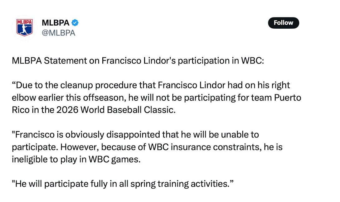 jayfonsecapr's tweet photo. La Asociación de Peloteros dijo que Lindor tuvo un procedimiento médico por lo que no va a poder jugar. Presumo que entonces Ohtani, Judge y otros van a anunciar que no van a jugar tampoco... Ah, perdona, anunciaron lo contrario. https://t.co/NEqzZFzweO