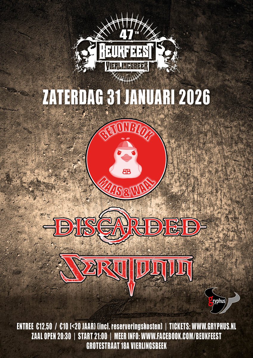 GryphusInfo's tweet photo. VANAVOND BIJ GRYPHUS:

𝐁𝐄𝐔𝐊𝐅𝐄𝐄𝐒𝐓: 𝐁𝐄𝐓𝐎𝐍𝐁𝐋𝐎𝐊 + 𝐃𝐈𝐒𝐂𝐀𝐑𝐃𝐄𝐃 + 𝐒𝐄𝐑𝐎𝐓𝐎𝐍𝐈𝐍

> aanvang: 21.00 uur 
> entree: 12,50 euro | <20 jaar: 2,50 euro ter plekke retour 
> info &amp; tickets: https://t.co/pSXnE7XuUz https://t.co/X5CyXGYXM7
