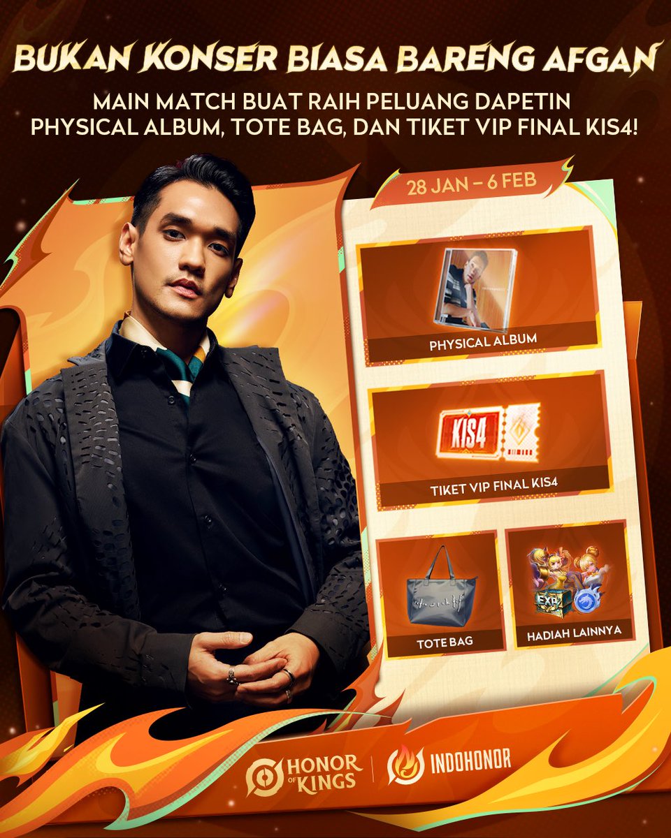 afgan___'s tweet photo. Thank you for the votes! 
Dari hasil vote kalian, gw bakal bawain lagu; Panah Asmara, Sampai Jumpa dan Kacamata di Final #KIS4.

Jangan lupa main match-nya di Honor of Kings, karena ada kesempatan dapetin CD Retrospektif, Tote Bag Retrospektif, dan Tiket VIP Final KIS4.

Sampai jumpa tanggal 8 Februari di GBK Basketball Hall ✌🏻 

#HonorOfKings #HoKEsports #2026HOK