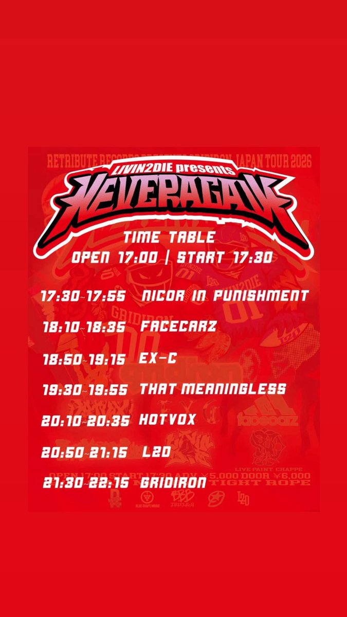 HOTVOX_'s tweet photo. 【UPCOMING SHOW 】

2026/02/14(sat) 
TIGHT ROPE

@livin2die_hc pre.
"NEVER AGAIN" vol.4
~GRIDIRON JAPAN TOUR 2026~

w/
GRIDIRON
EX-C
FACECARZ
NICOR in Punishment
That MeaningLess
L2D

-LIVE PAINT-
CHAPPE

TICKETS AVAILABLE 
from DM or e plus🔽

https://t.co/9YLlCNU0vs https://t.co/M5lhdCqyjt