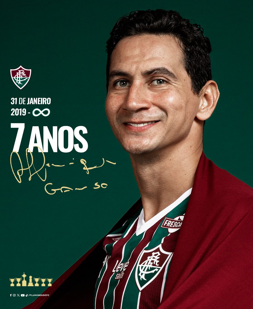 FluminenseFC's tweet photo. Há sete anos, a camisa 10 do Fluminense encontrou o jogador que hoje a simboliza. E que alegria nossa esse encontro acontecer.

No dia 31 de janeiro de 2019, Paulo Henrique Ganso era anunciado como jogador do Fluminense e iniciava-se uma das maiores histórias de amor do futebol brasileiro. Nossa camisa 10 ganhou um novo significado.

Hoje, sete anos depois, glórias foram conquistadas, chegamos longe juntos e, é claro, a nossa Família Fluminense se apaixonou por seu Maestro e toda a sua família.

Obrigado por ser quem você é, Ganso. Obrigado pelo seu futebol, pela sua entrega. Por ser Fluminense.