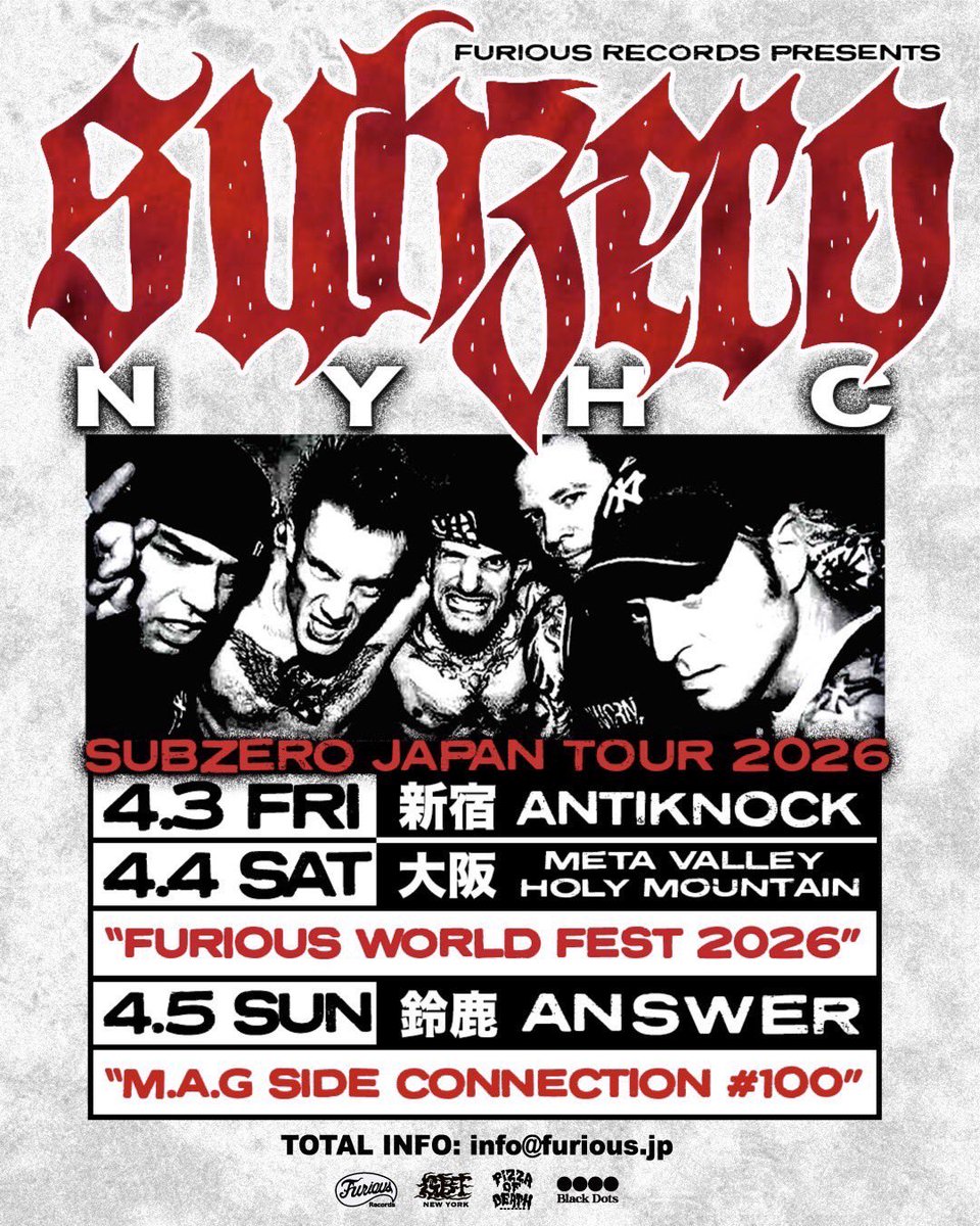 ありがたい事にSUBZERO JAPAN TOUR 三重場所開催させていただきます🔥
FACECARZとのスプリットリリース以来の来日‼️LOCAL HARDCORE SHOWの底力魅せたりましょう✊🏼
#MAGSIDE #100
#magsideconnection 
#SUBZERO
#NYHC